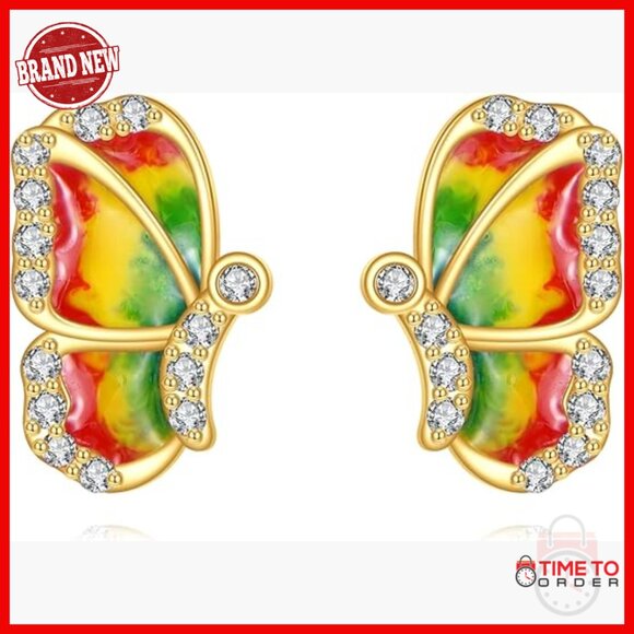 14K Gold Butterfly Hummingbird Stud Earrings with Cubic Zirconia